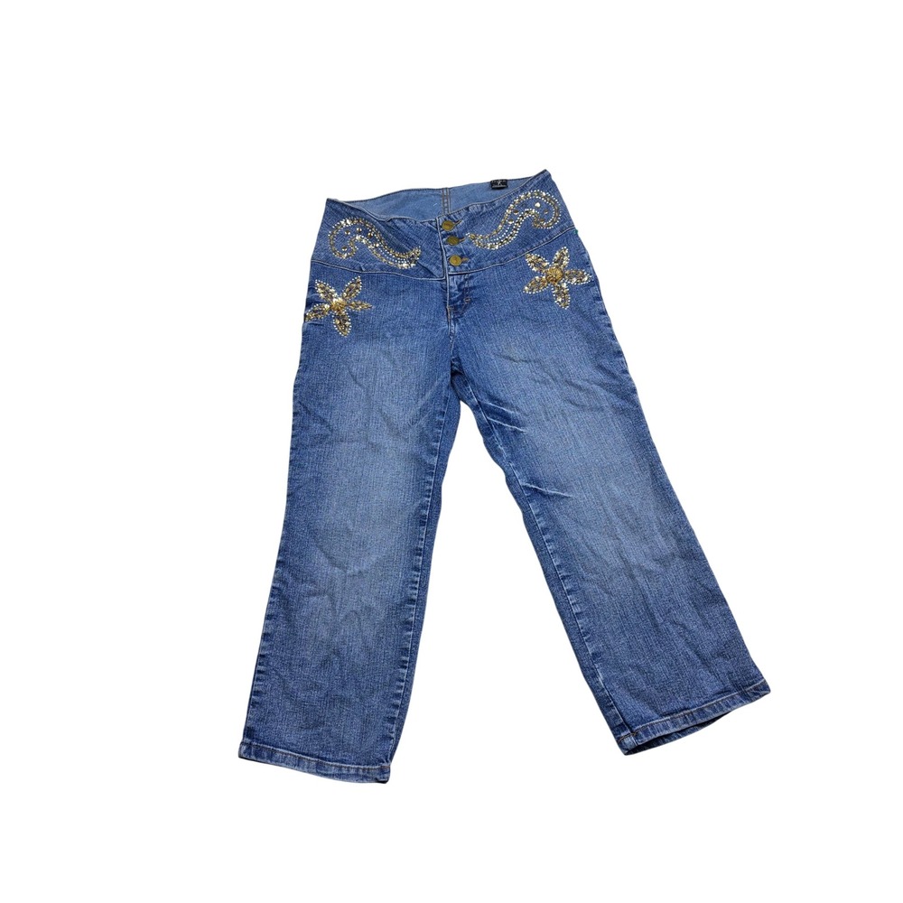 Vintage Sheiki Embellished low Waist Capri Jeans Gold Sequin Studded Denim